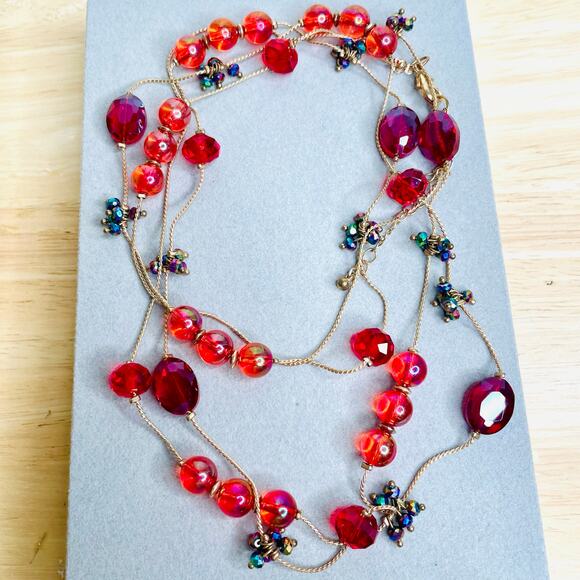 Long Red Purple Iridescent Gold Tone Long 60in Station Necklace - Picture 2 of 2